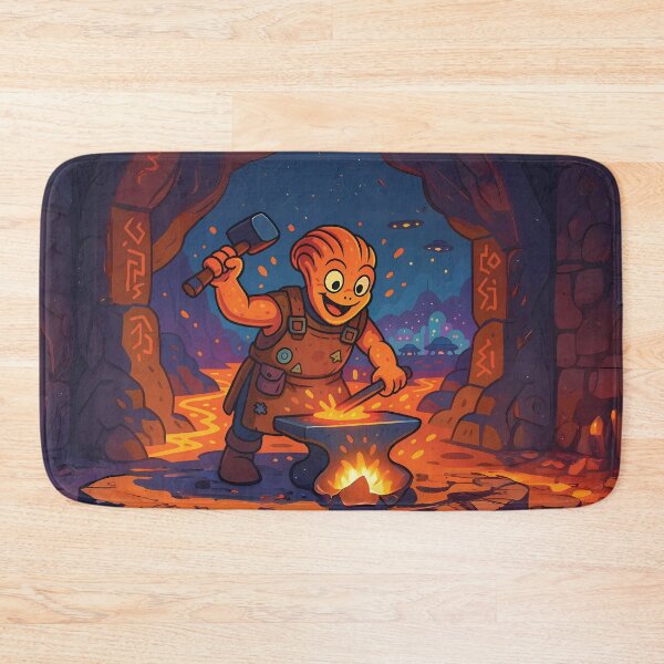 Item preview, Cheerful Alien Blacksmith – Cartoon Lava Forge Scene designed and sold by designs_by_s2.