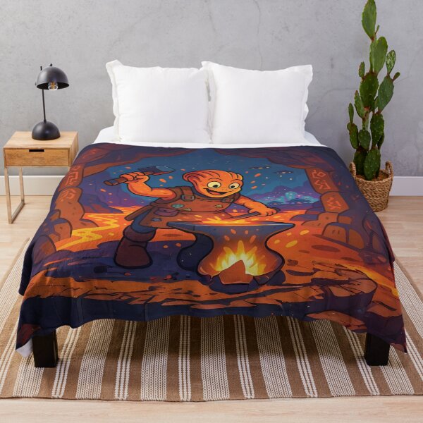 Item preview, Cheerful Alien Blacksmith – Cartoon Lava Forge Scene designed and sold by designs_by_s2.