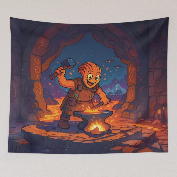 Item preview, Cheerful Alien Blacksmith – Cartoon Lava Forge Scene designed and sold by designs_by_s2.
