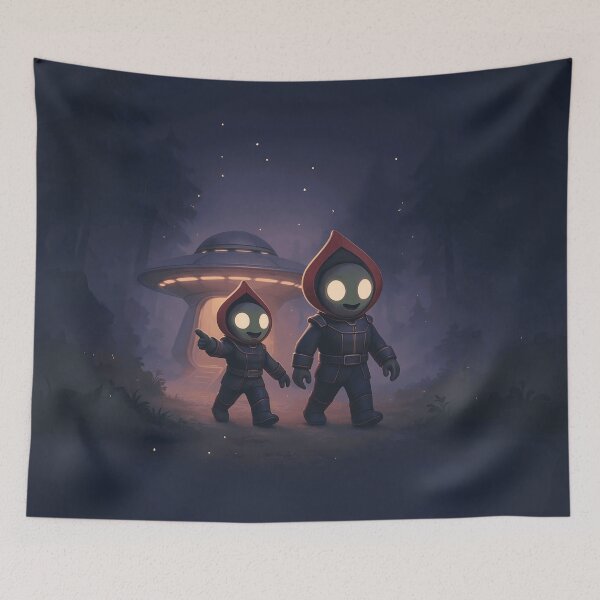 Artikelvorschau, Flatwoods Monster Explorers – Niedliche Retro-UFO-Dämmerungsszene entworfen und verkauft von designs_by_s2.
