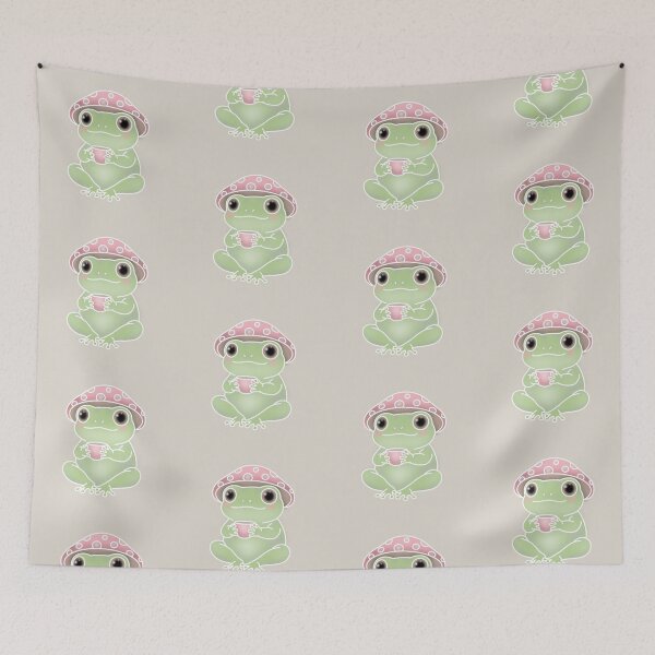 Item preview, Kawaii Frog Sipping Tea With Mushroom Hat designed and sold by Charlotte Paints.