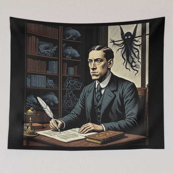 Item preview,  H.P Lovecraft vintage etching style portrait art designed and sold by Vintage Designs +.
