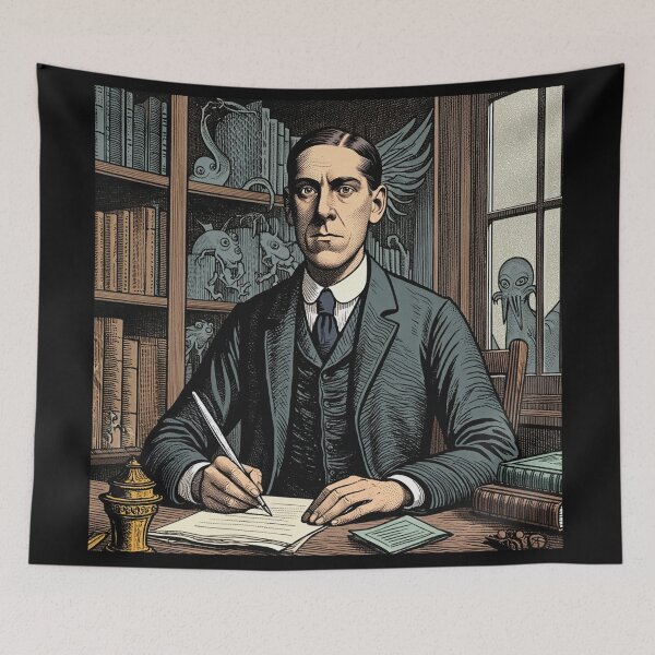 Item preview,  H.P Lovecraft vintage etching style portrait art designed and sold by Vintage Designs +.