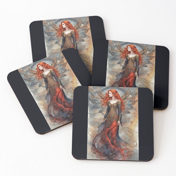 Item preview, Celtic Fairy No. 007/ Red Hair Gothic Fairy with Smoke Wings and Golden Dress Illustration designed and sold by FaerieFusion.