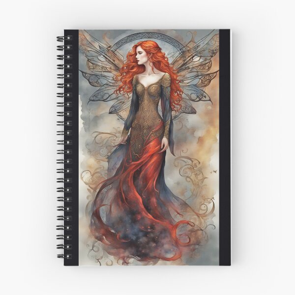 Item preview, Celtic Fairy No. 007/ Red Hair Gothic Fairy with Smoke Wings and Golden Dress Illustration designed and sold by FaerieFusion.