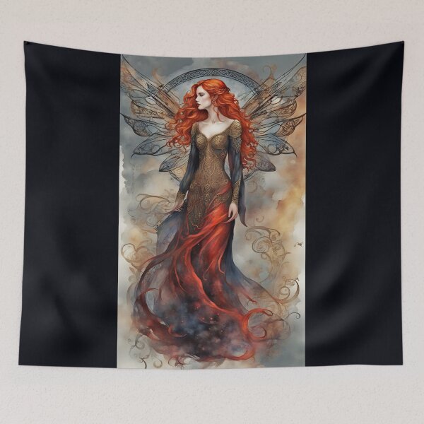 Item preview, Celtic Fairy No. 007/ Red Hair Gothic Fairy with Smoke Wings and Golden Dress Illustration designed and sold by FaerieFusion.