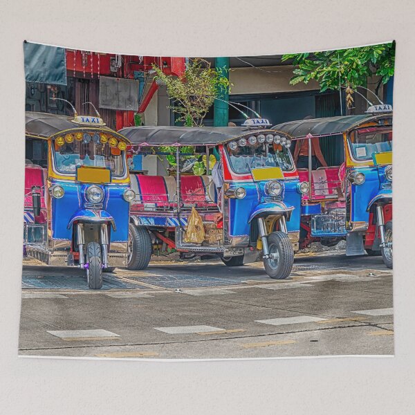Item preview, Tuk tuks lined up in a Bangkok street waiting for business designed and sold by Kevin Hellon.