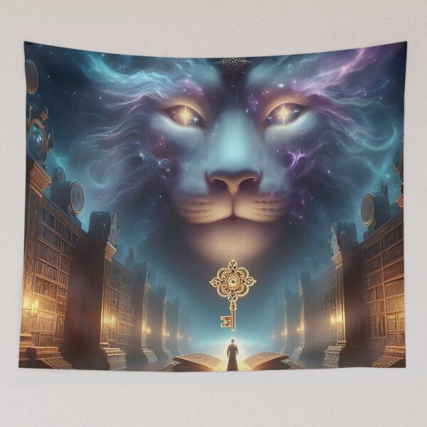 Item preview, Mystical Library With Celestial Lion And Golden Key designed and sold by The Cosmic Nexus.