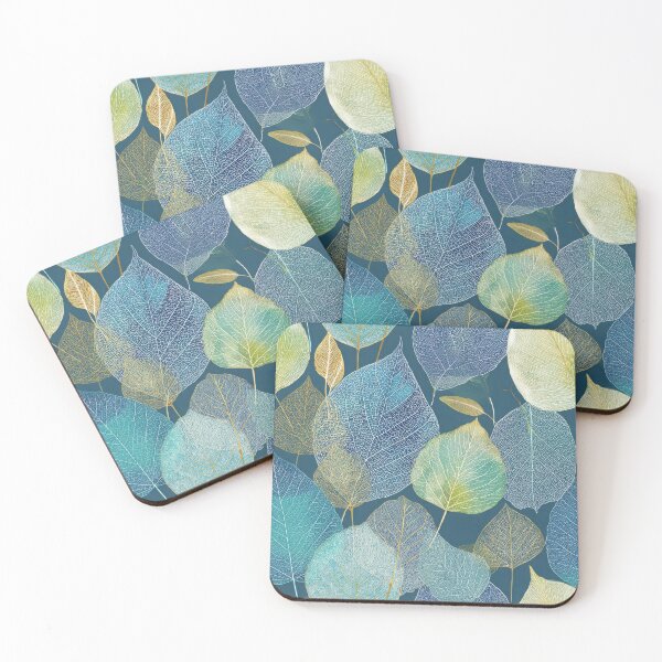 Item preview, Leaf Skeleton Pattern Intricate Veins in Blue, Aqua, and Gold on Deep Blue Background designed and sold by dawnleblanc55.