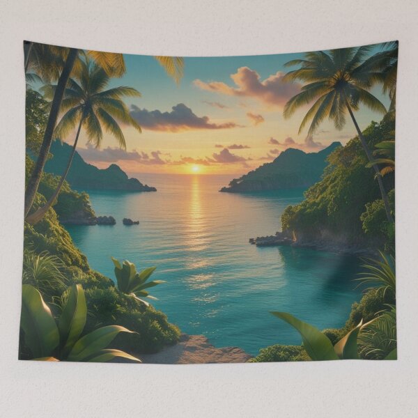 Item preview, Tropical Cove Sunset with Lush Jungle and Serene Ocean View designed and sold by Uniquely Yours.