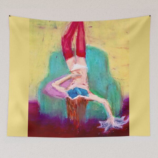 Item preview, sad depressed girl wearing red tights with cat and book laying on couch painting oil pastel drawing  designed and sold by Kyna Arts.