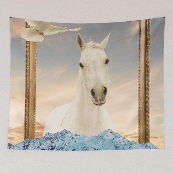 Item preview, White Horse with Flying Doves Over Snowy Mountains designed and sold by berwies-artwork.