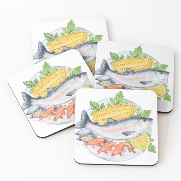 Item preview, Watercolor Seafood Plate with Fish, Shrimps, Corn and Lemon designed and sold by eves_aquadreams.
