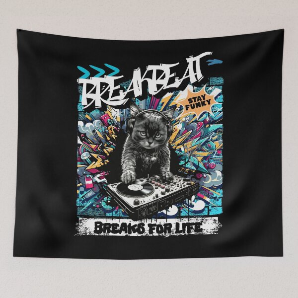Item preview, BREAKBEAT  - Graffiti Cat Dj (white/blue/orange) designed and sold by Discothreadz.