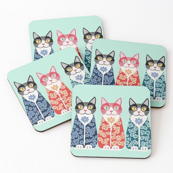 Item preview, Red, Navy, and Green Cats – Ukiyo-e Inspired Stylized Trio designed and sold by LEO'S CREATURE　れおずくりーちゃー.