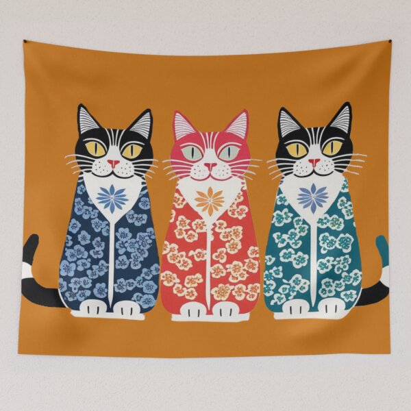 Item preview, Red, Navy, and Green Cats – Ukiyo-e Inspired Stylized Trio designed and sold by LEO'S CREATURE　れおずくりーちゃー.