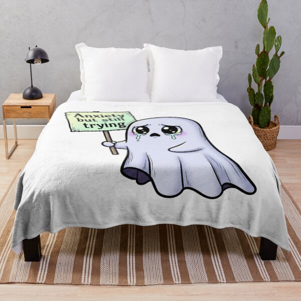 Item preview, Anxiety but Still Trying – Cute Ghost Sticker in Pastel Gothic Style designed and sold by 001Haiba.