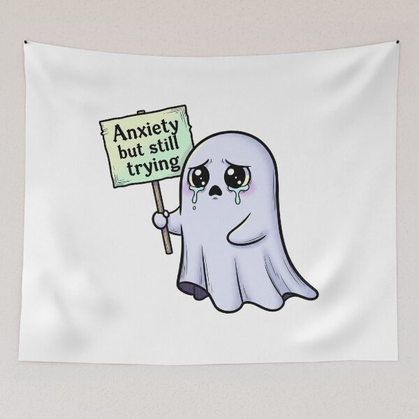 Item preview, Anxiety but Still Trying – Cute Ghost Sticker in Pastel Gothic Style designed and sold by 001Haiba.