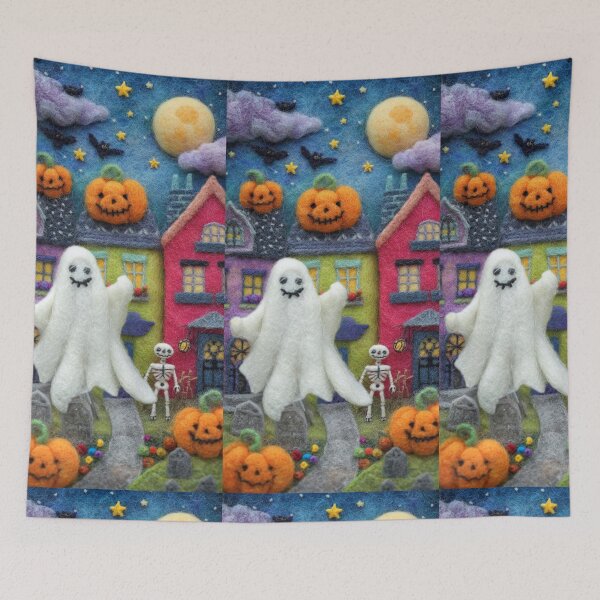 Item preview, Felted Ghost and Pumpkin Halloween Scene – Cute Spooky Needle Felt Art designed and sold by baucestudio.