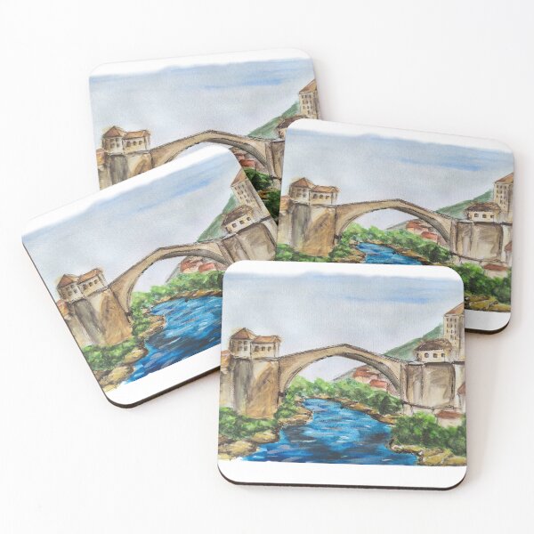 Item preview, Watercolor Mostar's Historic Old Bridge Architecture Travel Art designed and sold by kkjustpaint.