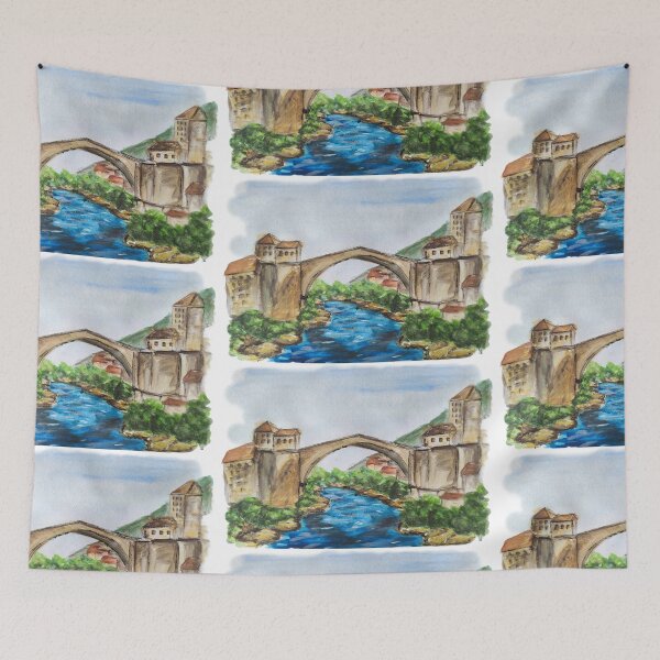 Item preview, Watercolor Mostar's Historic Old Bridge Architecture Travel Art designed and sold by kkjustpaint.