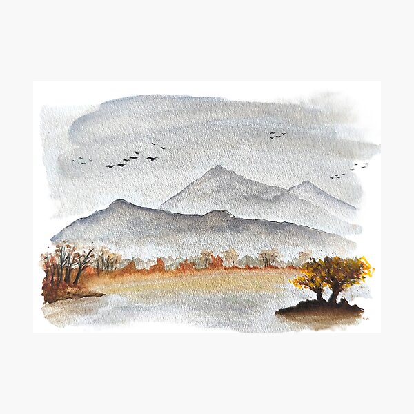 Item preview, Autumn Mountain Lake Landscape Peaceful Watercolor Migrating Birds designed and sold by kkjustpaint.