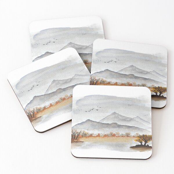 Item preview, Autumn Mountain Lake Landscape Peaceful Watercolor Migrating Birds designed and sold by kkjustpaint.