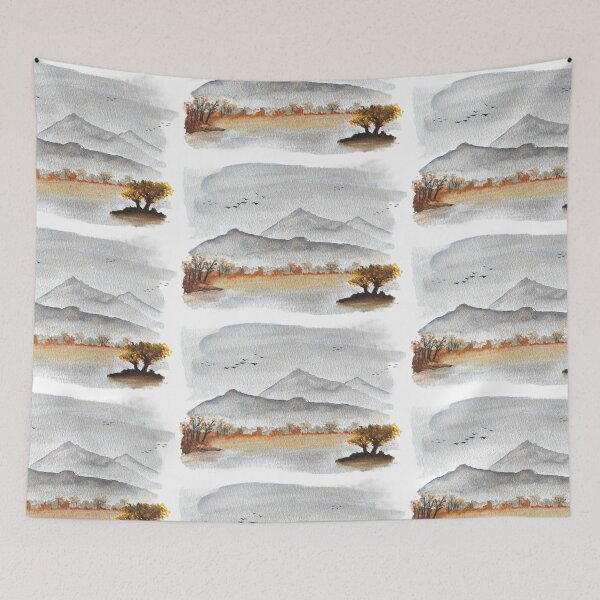 Item preview, Autumn Mountain Lake Landscape Peaceful Watercolor Migrating Birds designed and sold by kkjustpaint.