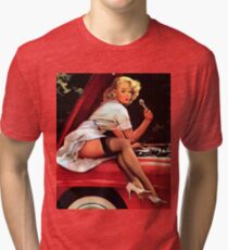 Gil Elvgren Mechanic Pin Up Girl Tri-blend T-Shirt