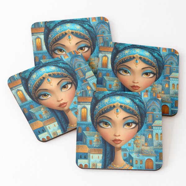 Item preview, Elegant Woman in Blue with Vibrant City Background designed and sold by Artessie.