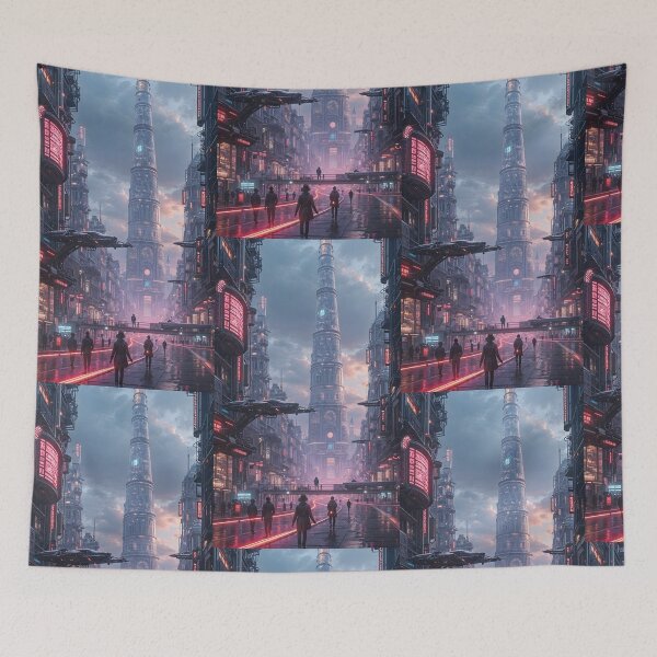 Item preview, Futuristic cyberpunk city wallpaper designed and sold by Planet Utoppia.
