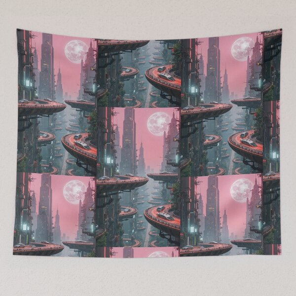 Item preview, Futuristic cyberpunk city wallpaper designed and sold by Planet Utoppia.