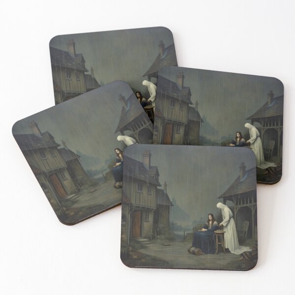 Item preview, Original Oil Painting of a medieval village with Death visiting a young girl designed and sold by KALEIDOSCOPE UK.
