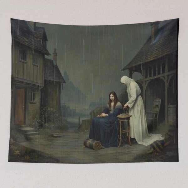 Item preview, Original Oil Painting of a medieval village with Death visiting a young girl designed and sold by KALEIDOSCOPE UK.