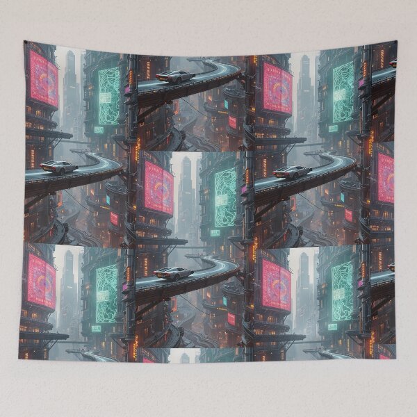Item preview, Futuristic cyberpunk city wallpaper designed and sold by Planet Utoppia.