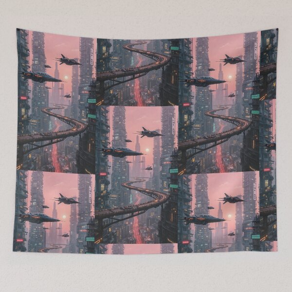 Item preview, Futuristic cyberpunk city wallpaper designed and sold by Planet Utoppia.