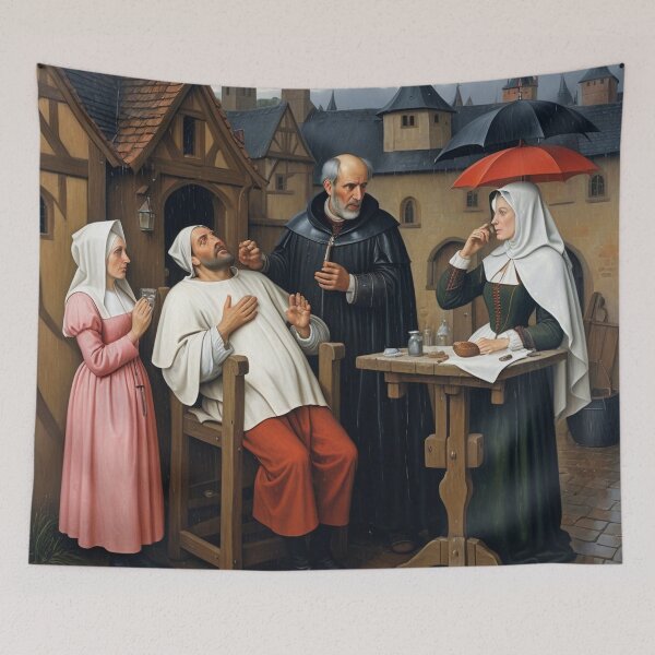 Item preview, An original oil painting of a medieval doctor with a patient designed and sold by KALEIDOSCOPE UK.