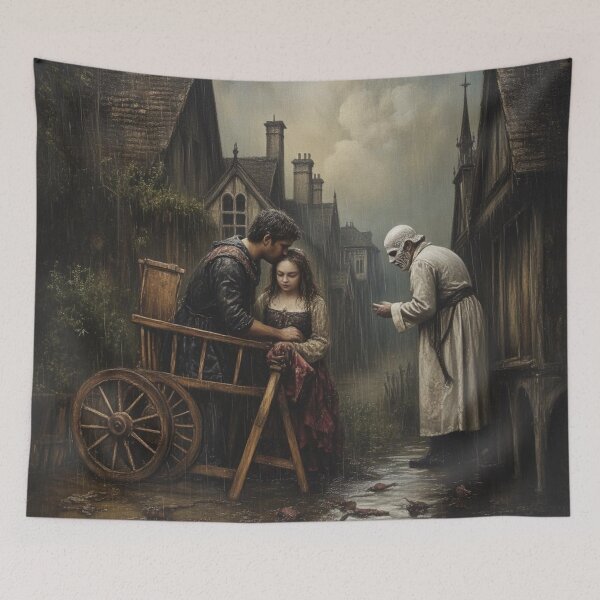 Item preview, The grim reaper visits a man and daughter in medieval village. Original artwork designed and sold by KALEIDOSCOPE UK.