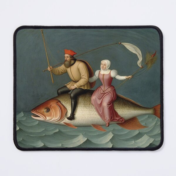 Item preview, Hieronymus Bosch style oil painting people riding a giant fish designed and sold by KALEIDOSCOPE UK.