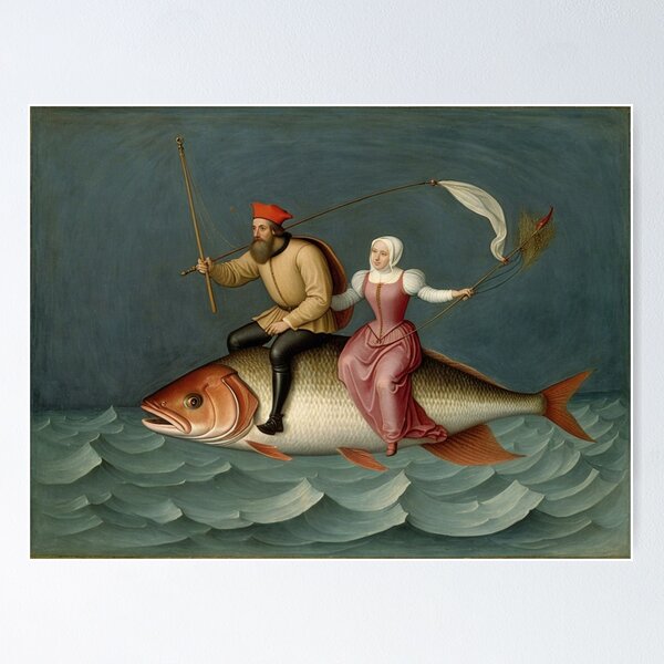 Item preview, Hieronymus Bosch style oil painting people riding a giant fish designed and sold by KALEIDOSCOPE UK.