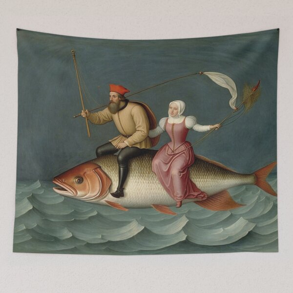 Item preview, Hieronymus Bosch style oil painting people riding a giant fish designed and sold by KALEIDOSCOPE UK.