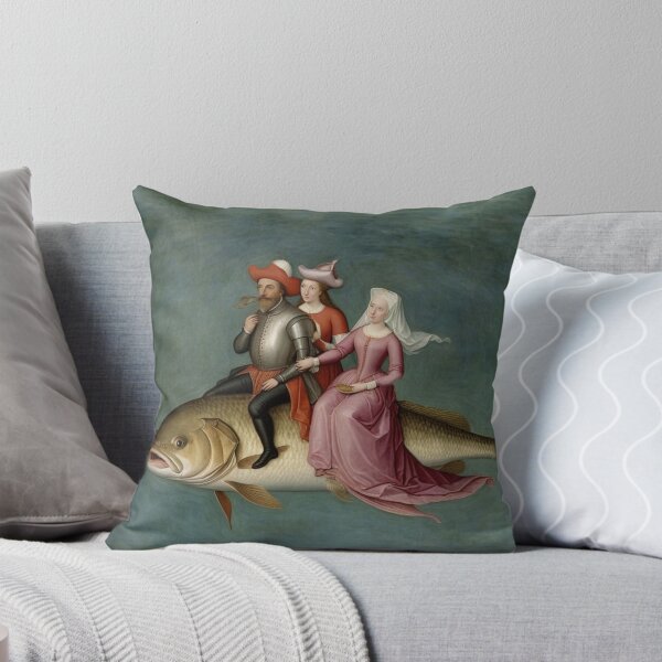 Artikelvorschau, Gemälde im Stil von Hieronymus Bosch, das drei Menschen zeigt, die auf einem riesigen Fisch reiten entworfen und verkauft von KALEIDOSCOPE UK.