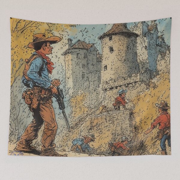 Item preview, Cowboys at the Castle – Vintage Western Adventure Illustration by NegarTv Designs designed and sold by NegarTv Designs.