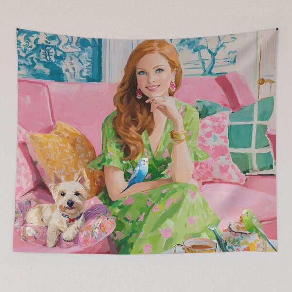 Item preview, Grandmillennial art, Afternoon in Pink and Green designed and sold by SophieClimaArt.