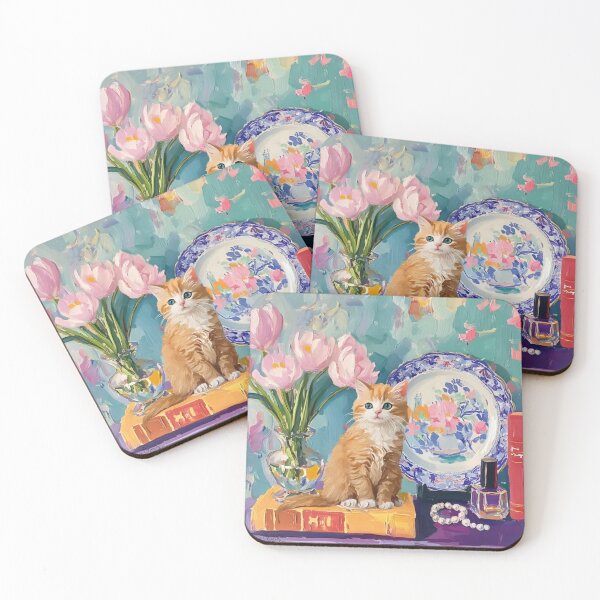 Item preview, Grandmillennial art. Ginger and the pearls, whimsical cat art designed and sold by SophieClimaArt.