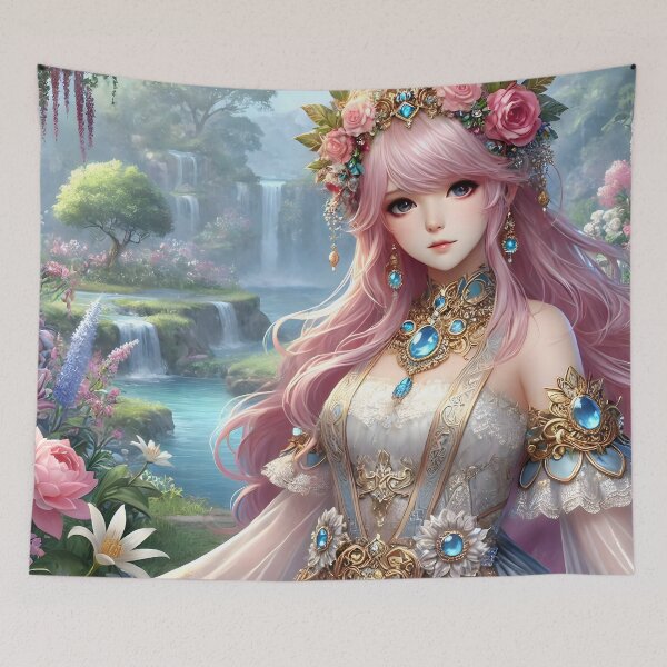 Item preview, Enchanting Fantasy Woman with Pink Hair and Floral Crown designed and sold by PandaTShirtShop.
