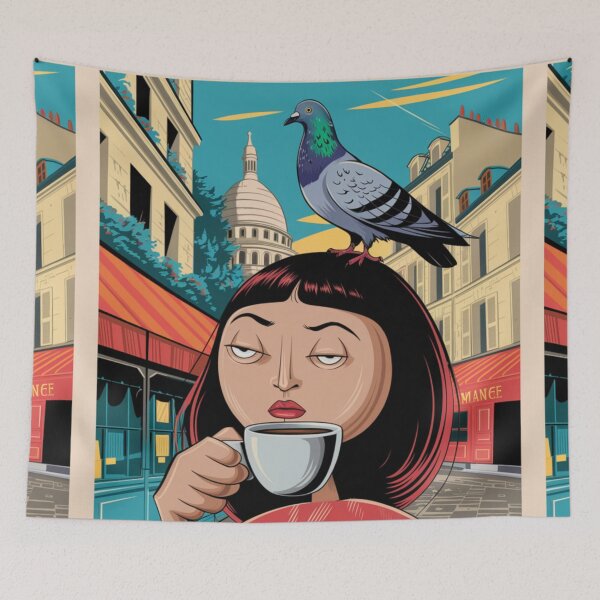 Item preview, Montmartre, France Travel Poster |  Le Quirks Character with Pigeon  designed and sold by LeQuirks.