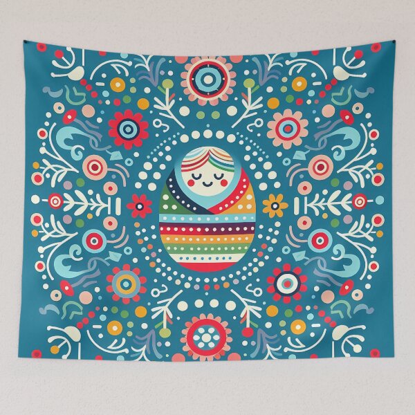 Item preview, Peaceful Folk Art Swaddled Baby - Ornate Floral Wreath on Teal Blue - Scandinavian Folk Art by heidiannemorris © designed and sold by FOLK ART FUSION by heidiannemorris.