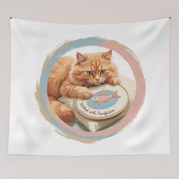 Item preview, Ginger Cat Stitching Fish – Embroidery Hoop Art designed and sold by jelonkaa.