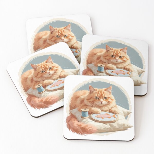 Item preview, Ginger Cat Embroidering Fish – Cozy Craft Animal Art designed and sold by jelonkaa.
